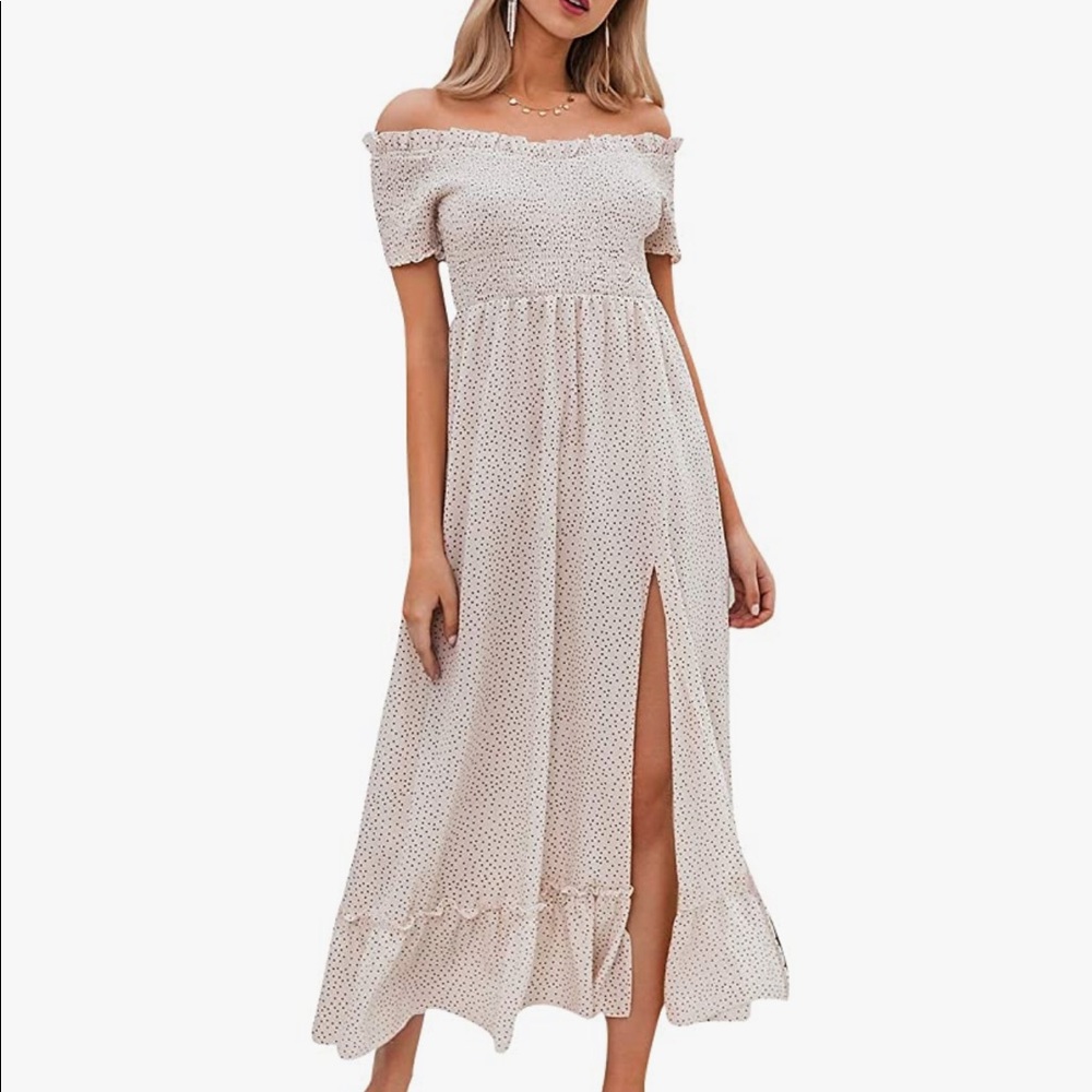 NWT Miessial Women's Off The Shoulder Beige Maxi Polka Dot Dress w/ a Slit